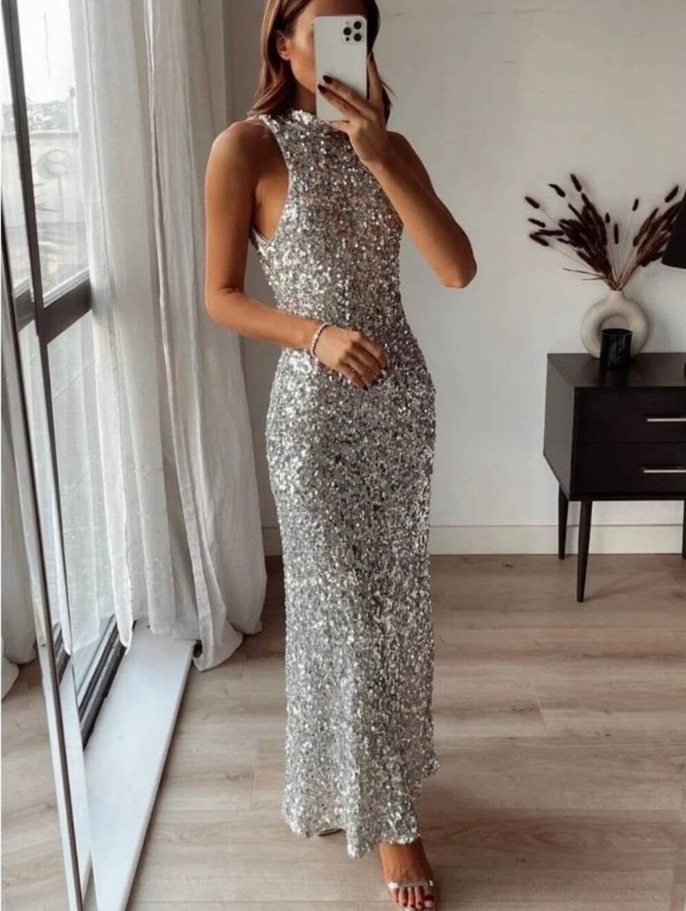 Zara Silver Sequin Maxi Dress